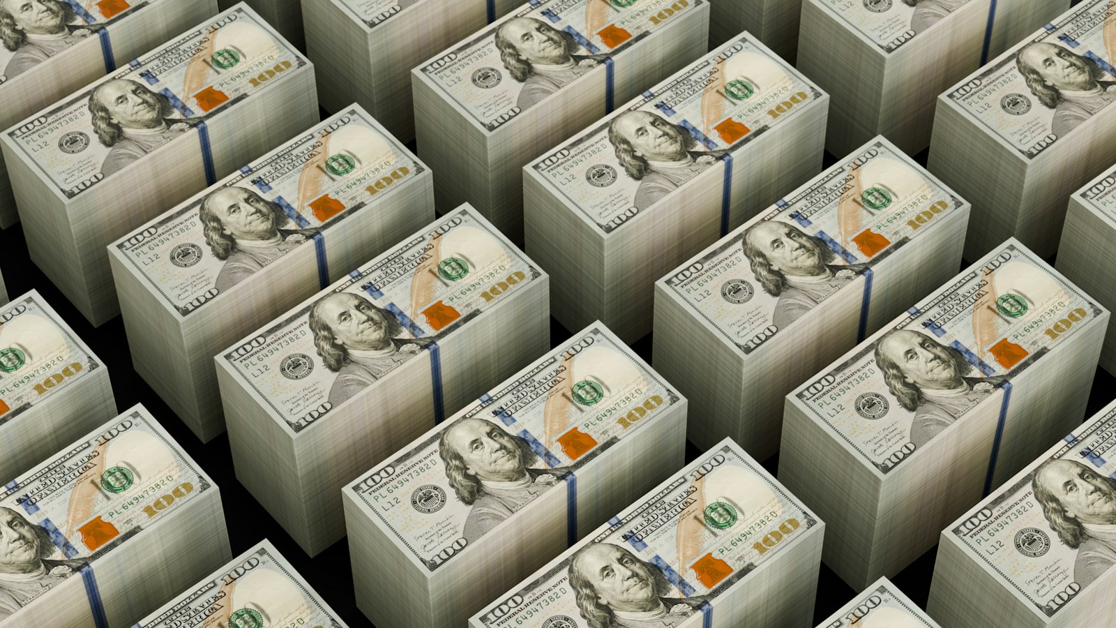 Rows of banded bundles of one hundred dollar bills