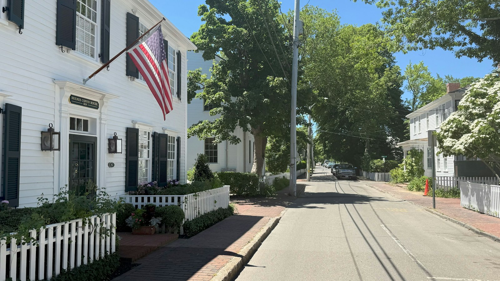 A white clapboard house flying an American flag on a quiet tree-lined street