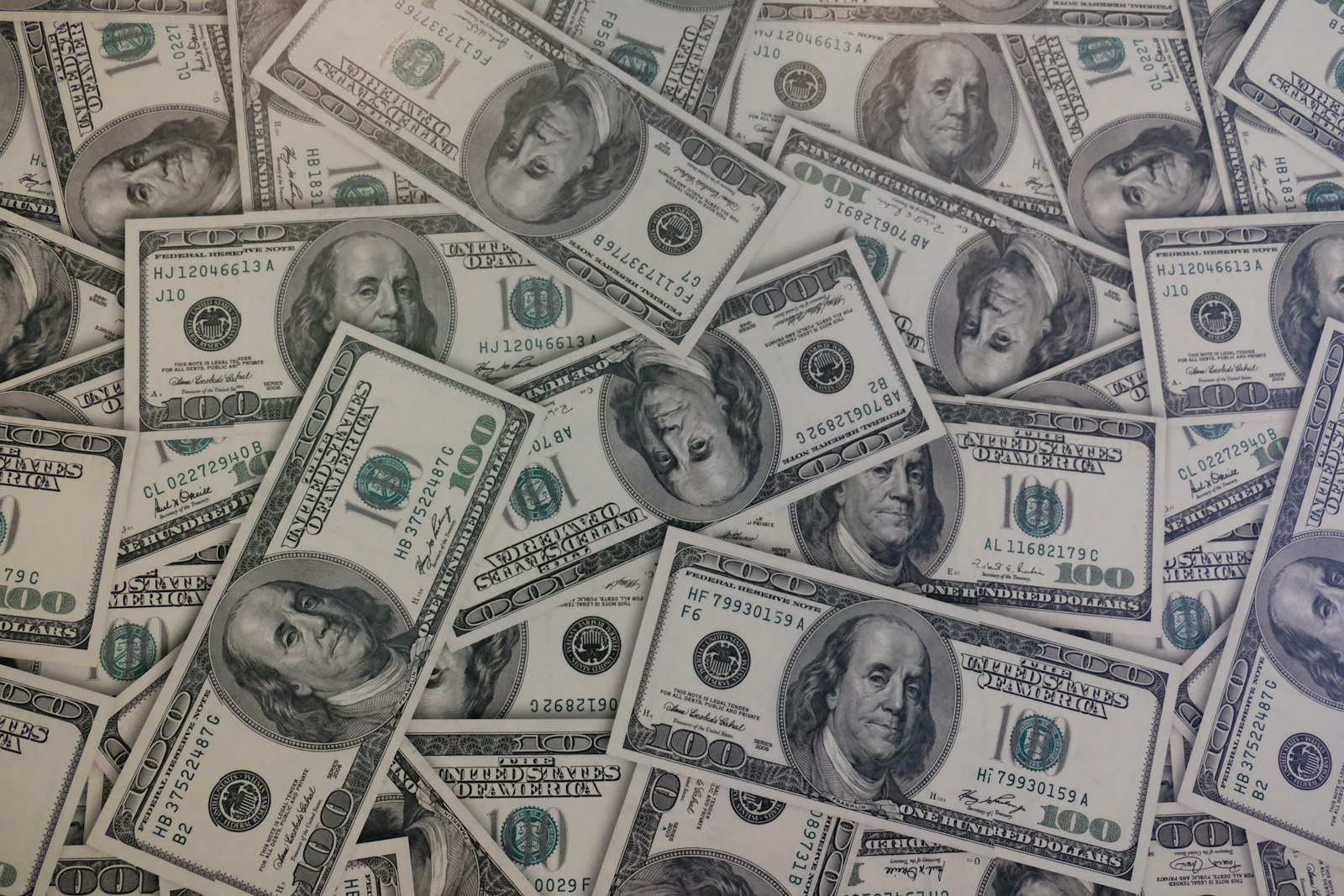 A dense layer of United States one hundred dollar bills
